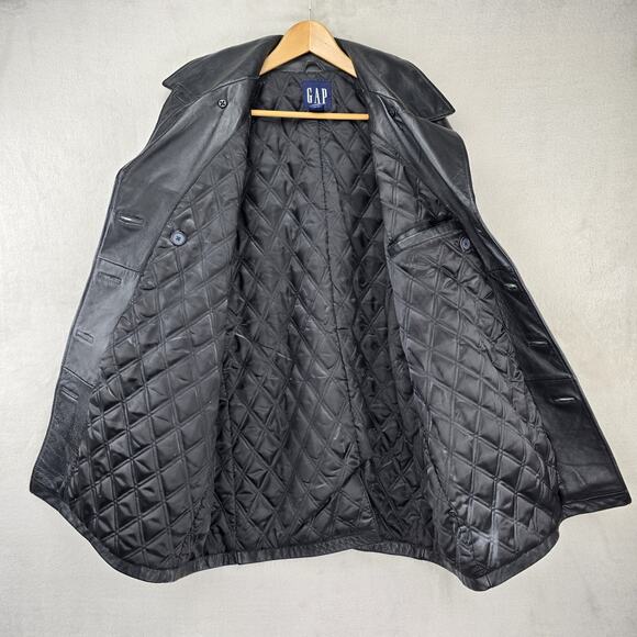 Vintage Gap Leather Jacket Mens Medium Black Peacoat Overcoat Y2K Quilted Lined - Picture 6 of 14